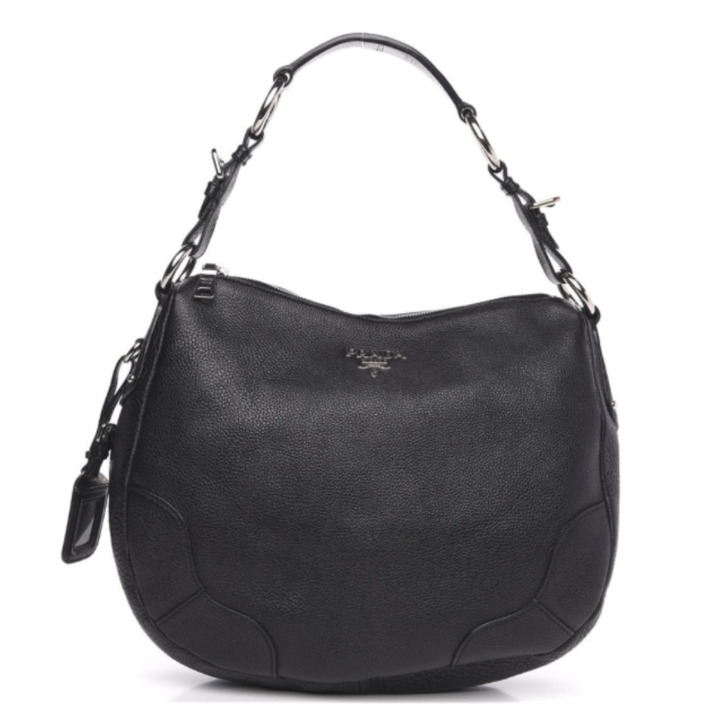 PRADA Vitello Daino Hobo in Black Leather with Silver Hardware